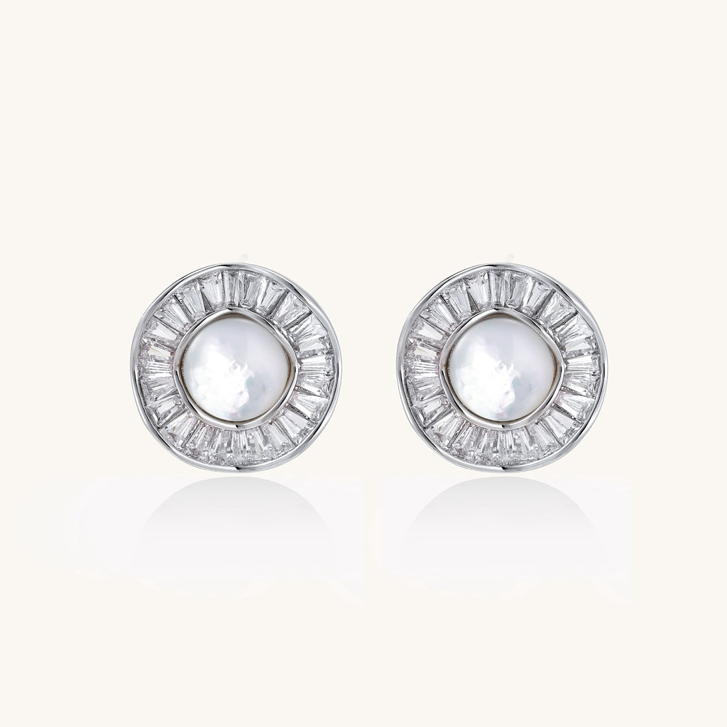 Gold-plated stud earrings with central freshwater pearl surrounded by baguette crystals in radial pattern