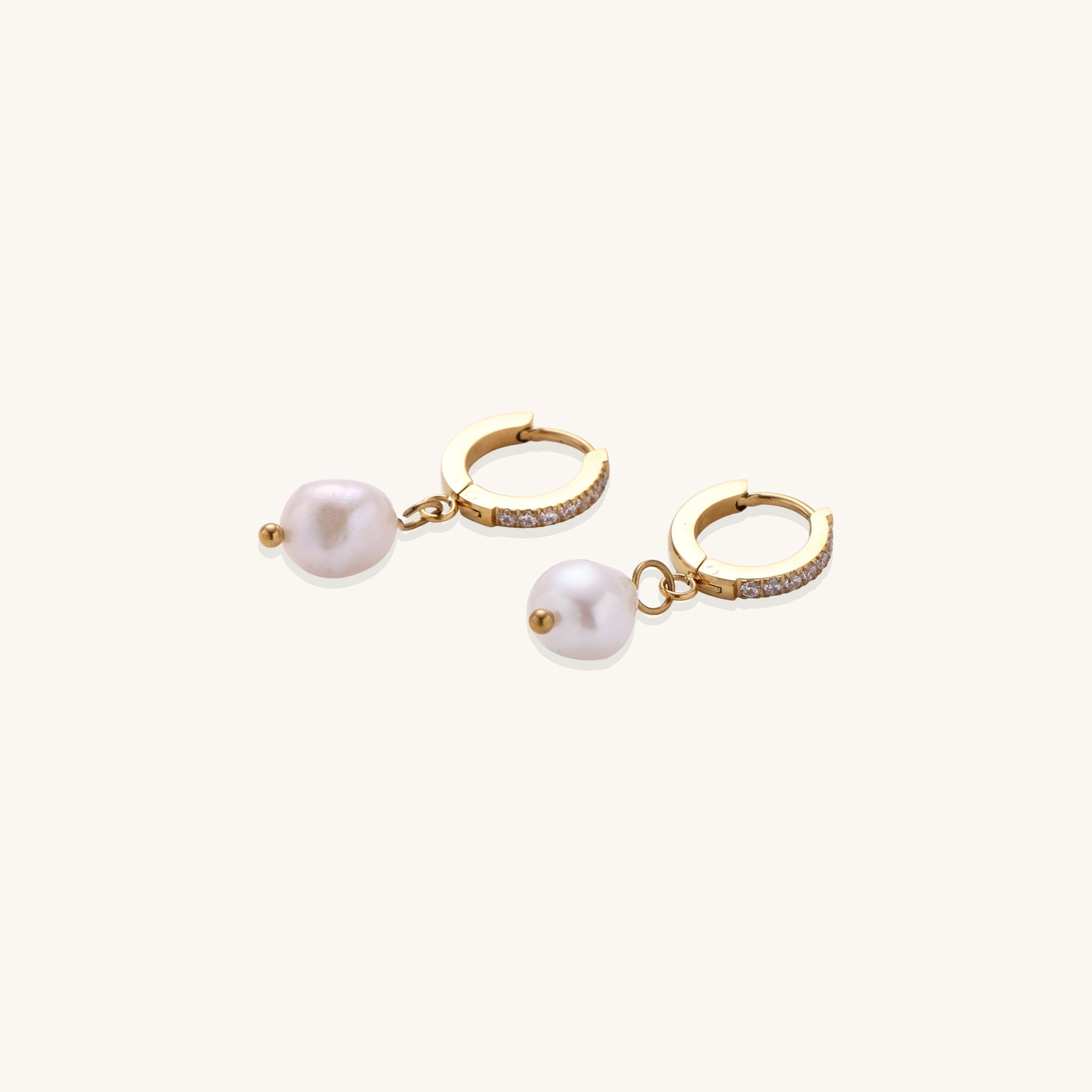 18K gold plated hoop earrings with freshwater pearl drops on neutral background, showing elegant minimalist design.