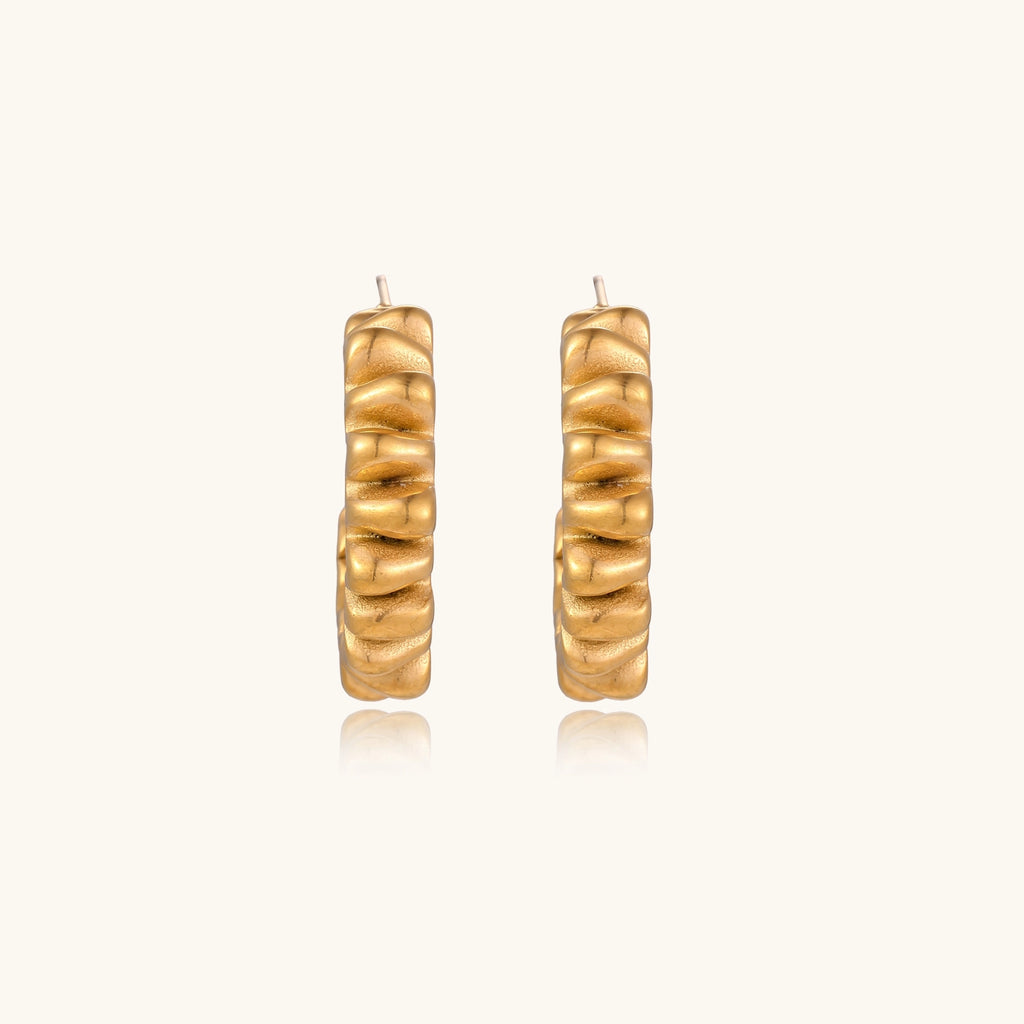 Gold-plated stainless steel earrings with twisted rope texture in various hoop sizes on neutral background.